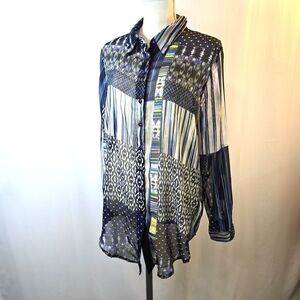 Klass Sz 14 Sheer Button Up Blouse Black Blue Geometric Patchwork Print Long Slv